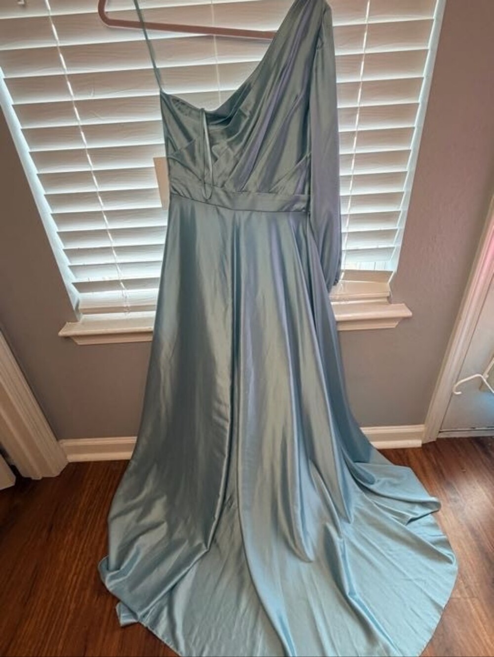 Mac Duggal One-Shoulder High-Low Satin Dress in French Blue - Picture 4 of 6